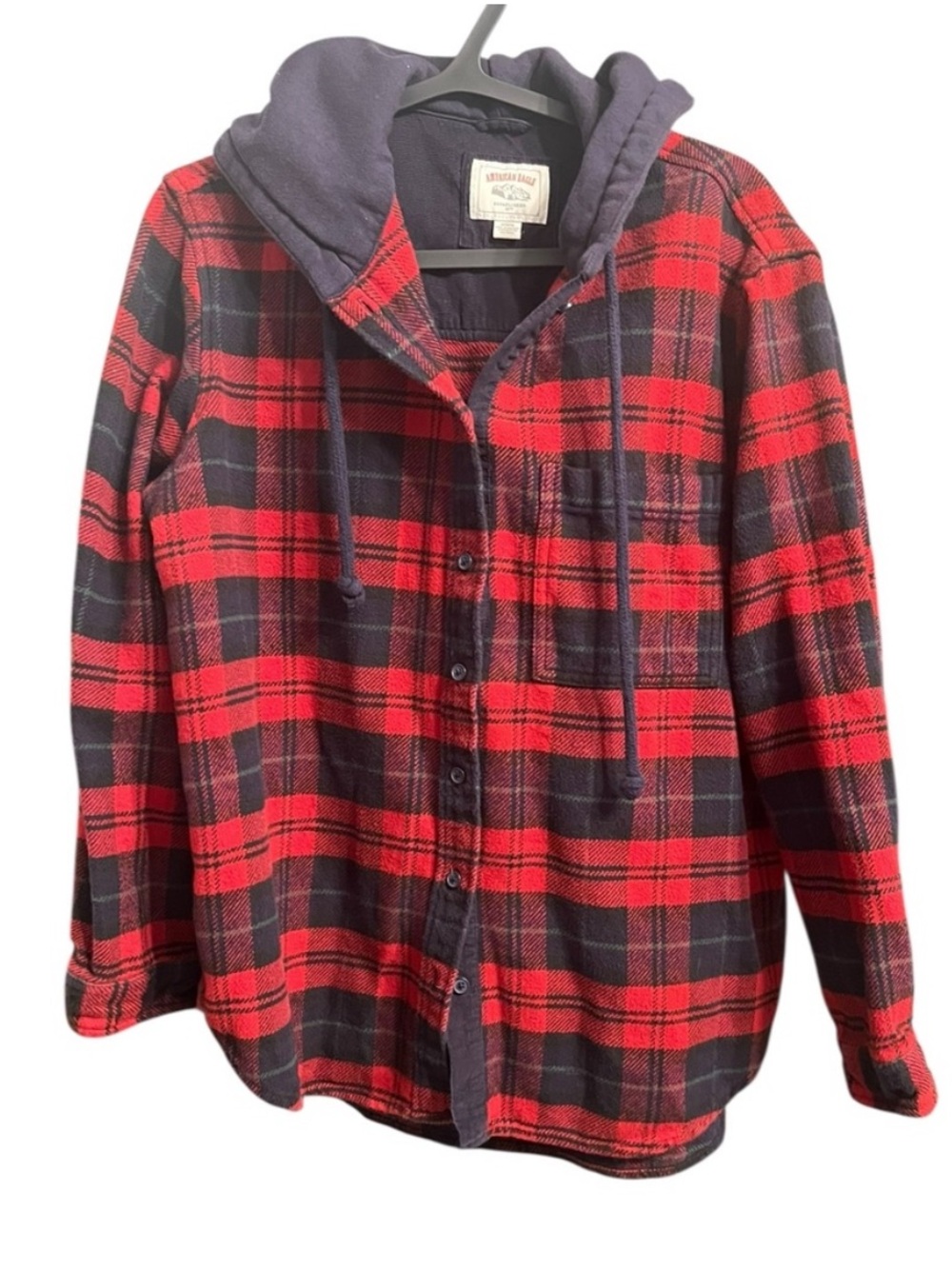 American Eagle Navy and Red Plaid Hooded Flannel Shirt M